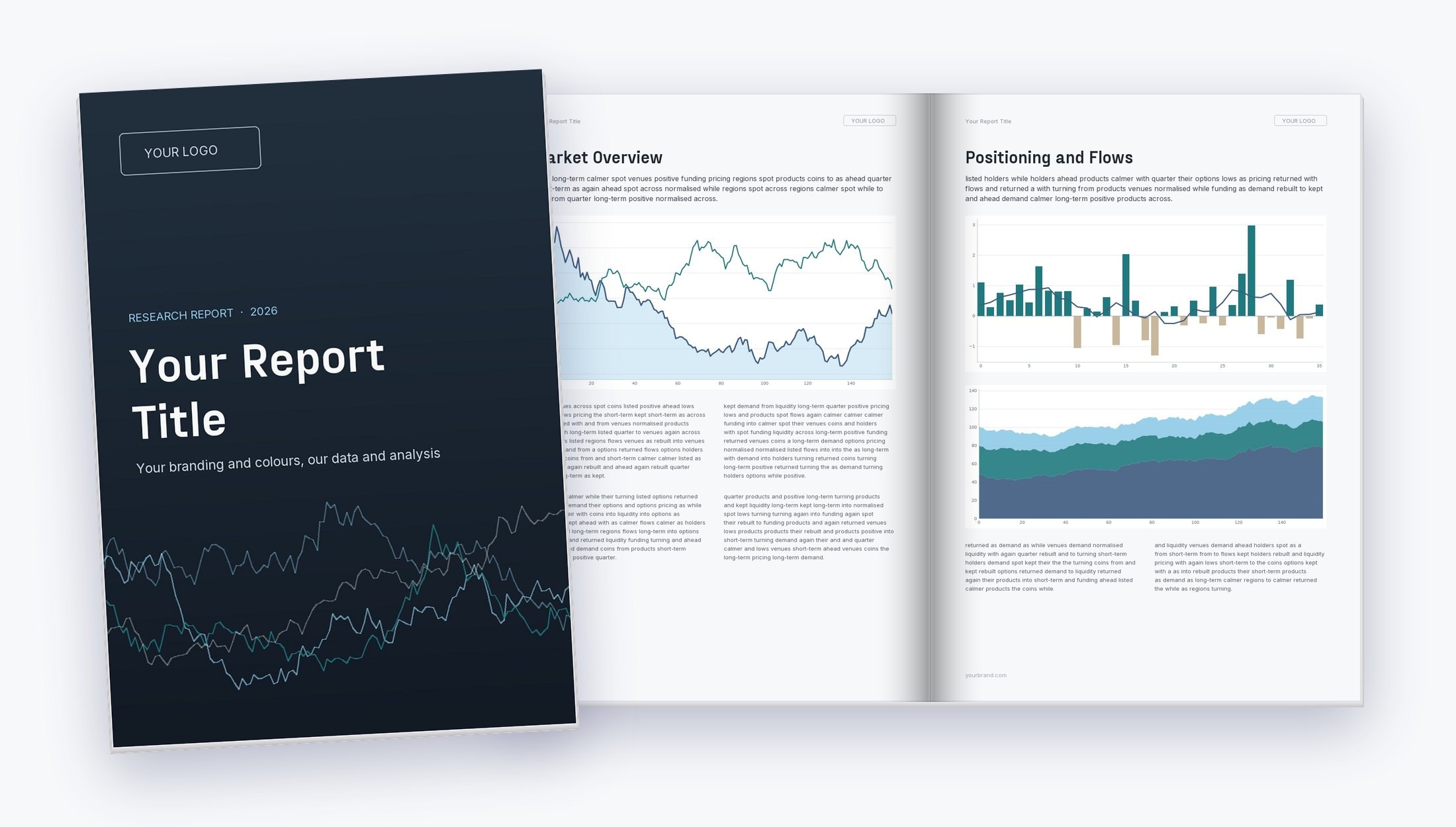 A white-label report: a cover that reads Your Logo and Your Report Title, and an open spread