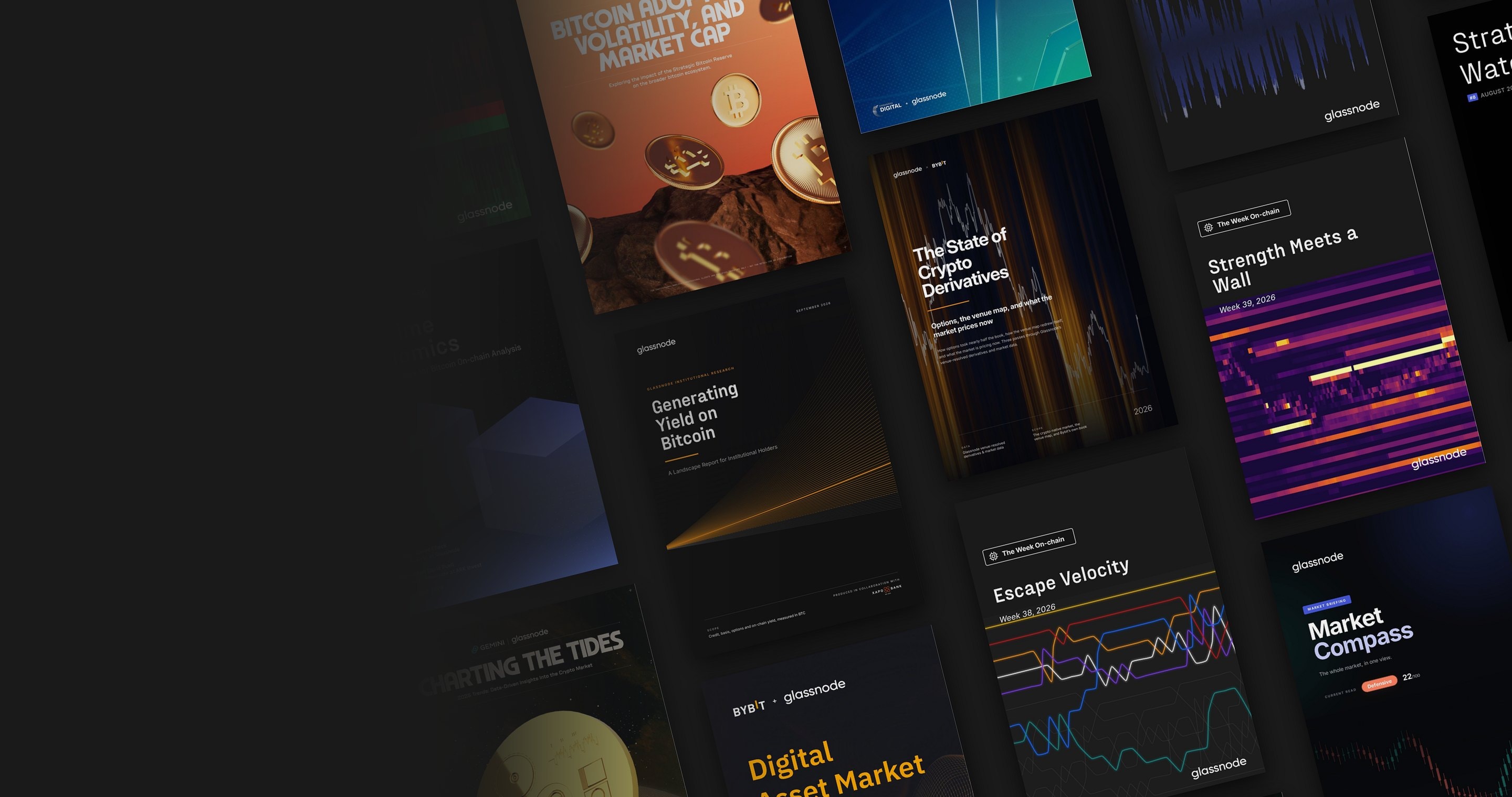 Covers of Glassnode research: partner reports with Bybit, Fasanara Digital, Gemini and Xapo Bank, The Week On-chain, Market Compass and Strategy Watch